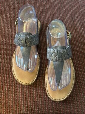 Born Gray Woven Leather T‑Strap Sandals